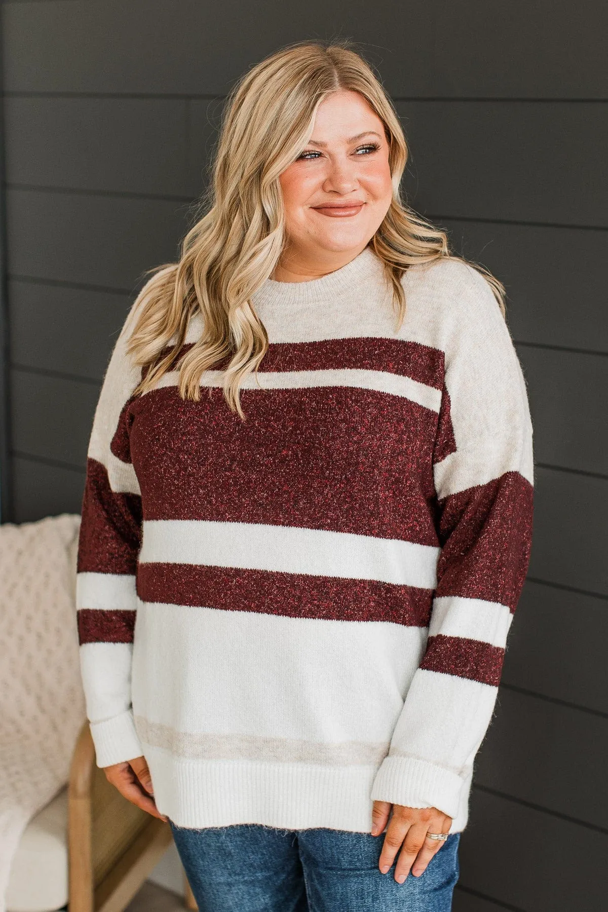 Showering Affections Striped Sweater- Ivory & Burgundy