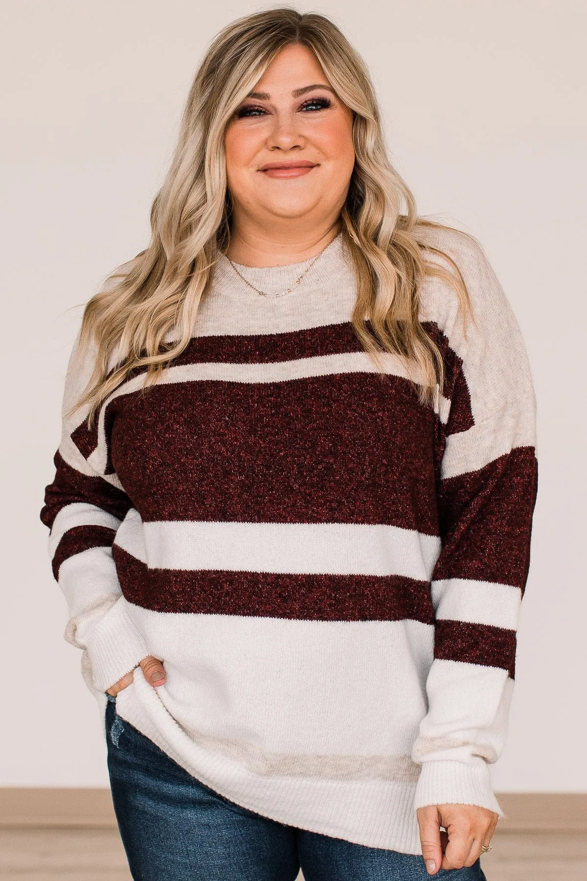 Showering Affections Striped Sweater- Ivory & Burgundy