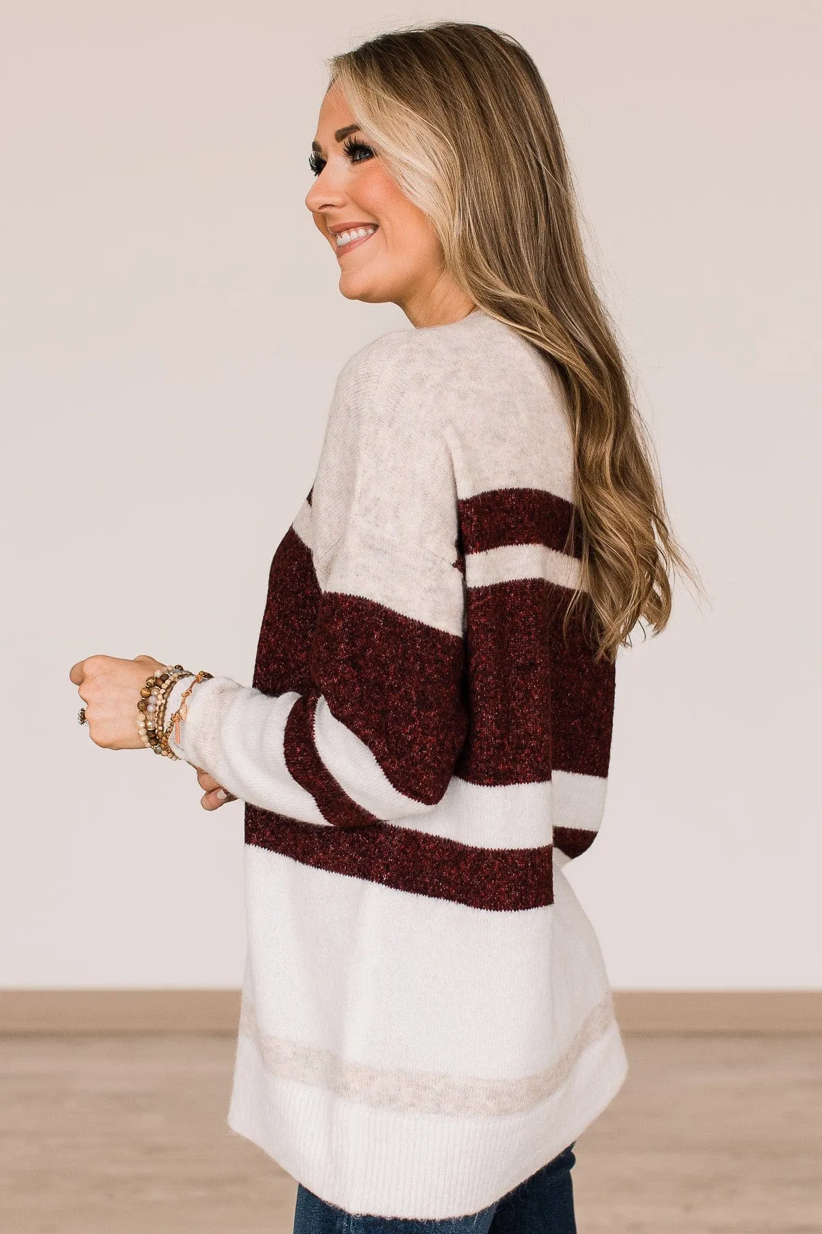 Showering Affections Striped Sweater- Ivory & Burgundy