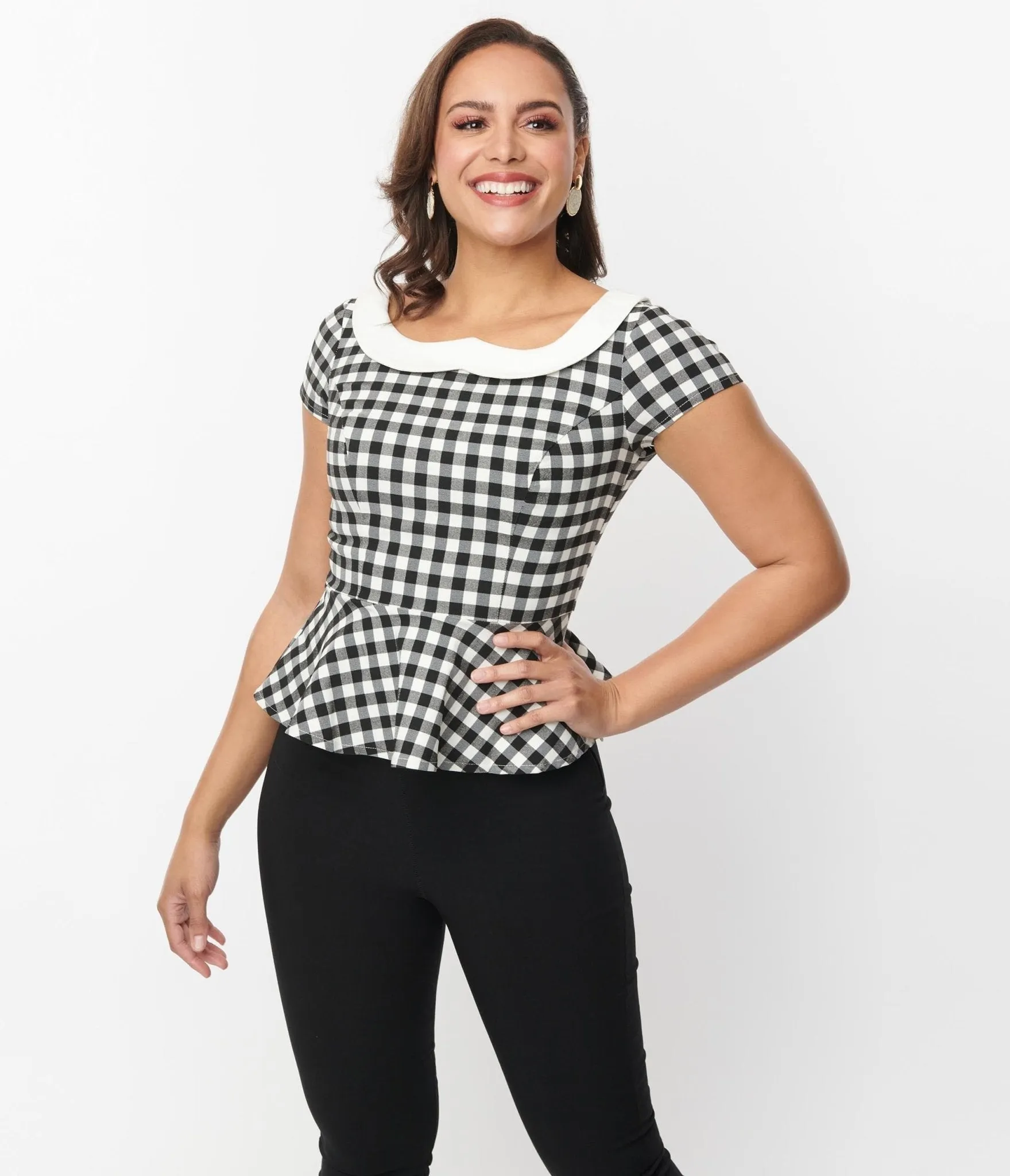 Unique Vintage Black & White Gingham Collar Peplum Top