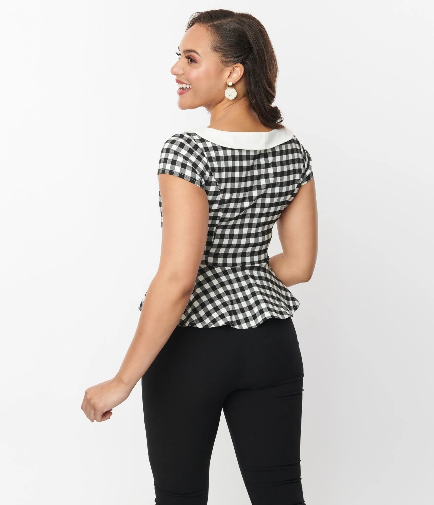 Unique Vintage Black & White Gingham Collar Peplum Top