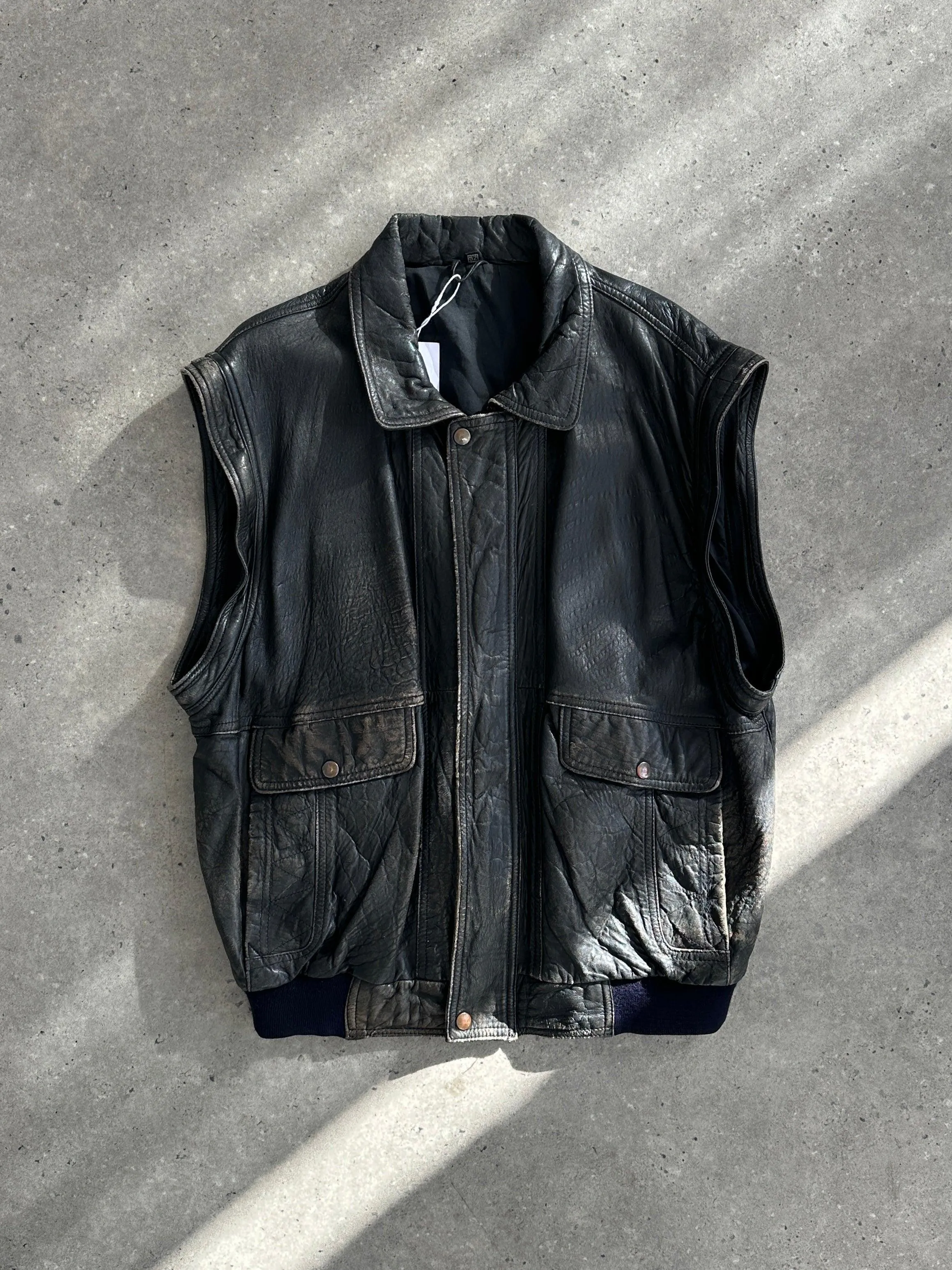 Vintage Distressed Leather Bomber Gilet Jacket - M/L