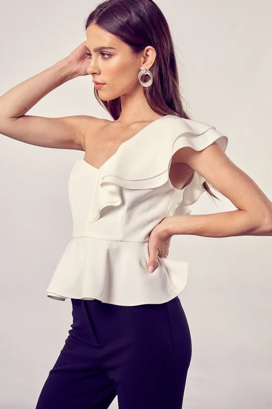 White One Shoulder Ruffle Peplum Top