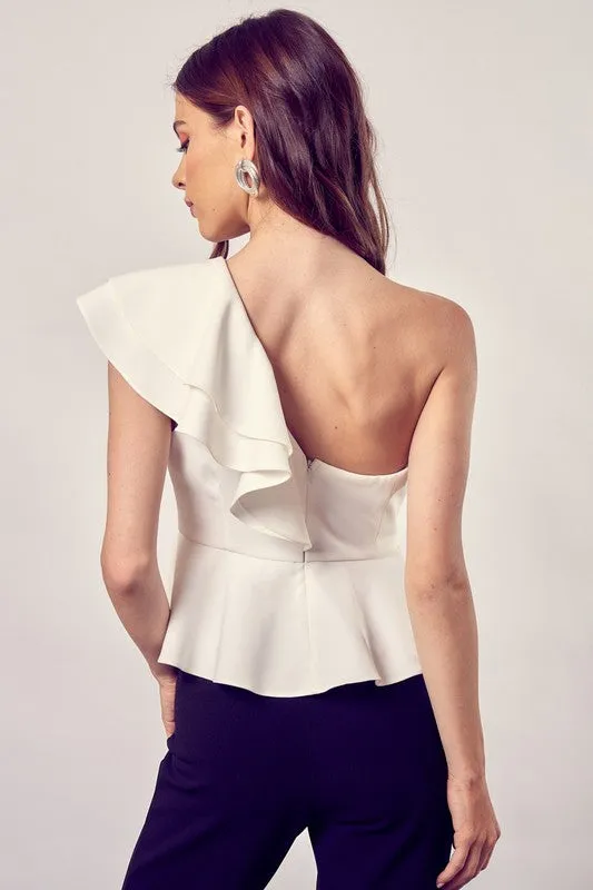 White One Shoulder Ruffle Peplum Top