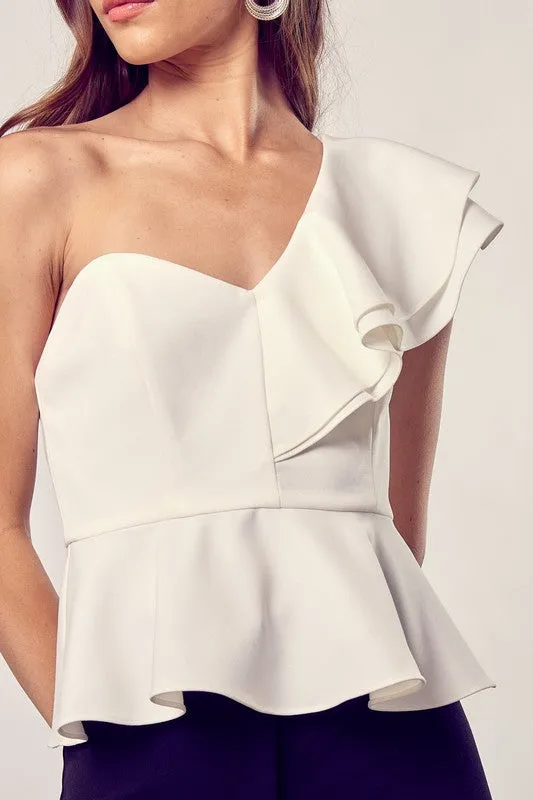 White One Shoulder Ruffle Peplum Top