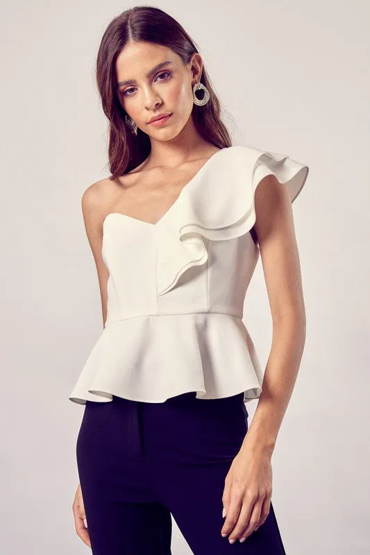 White One Shoulder Ruffle Peplum Top