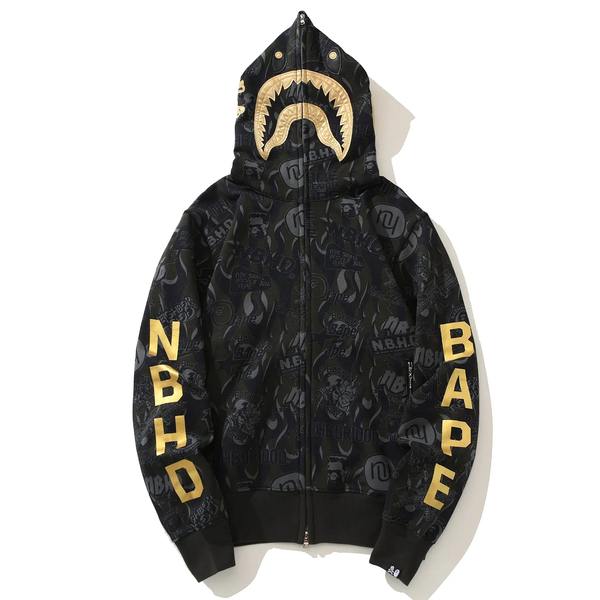 Wholesale High Quality Golden Letters Ape Shark Camo Hoodie Streetwear Hip Hop Hoodies Sweatshirt Full Zipper Unisex Jacket