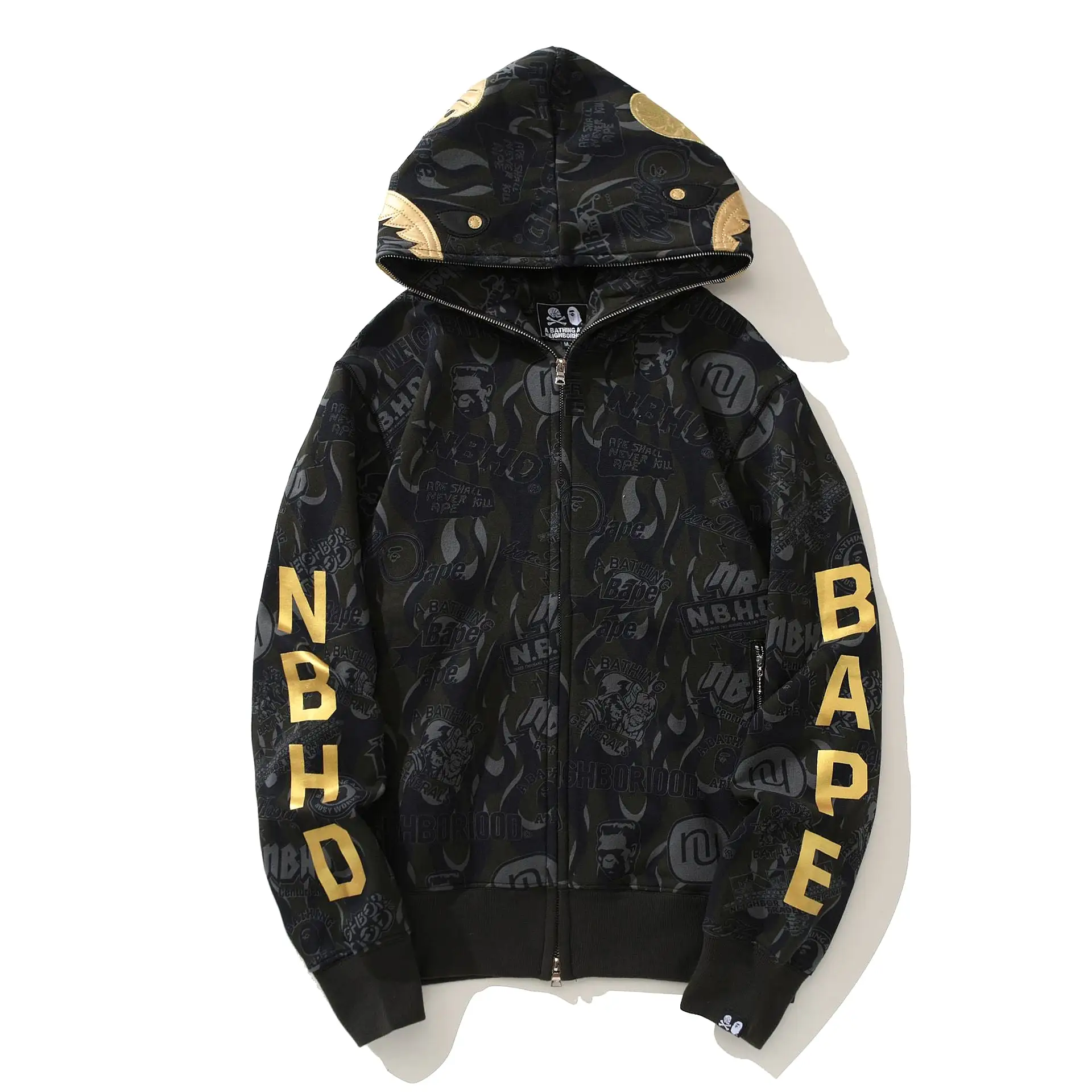 Wholesale High Quality Golden Letters Ape Shark Camo Hoodie Streetwear Hip Hop Hoodies Sweatshirt Full Zipper Unisex Jacket