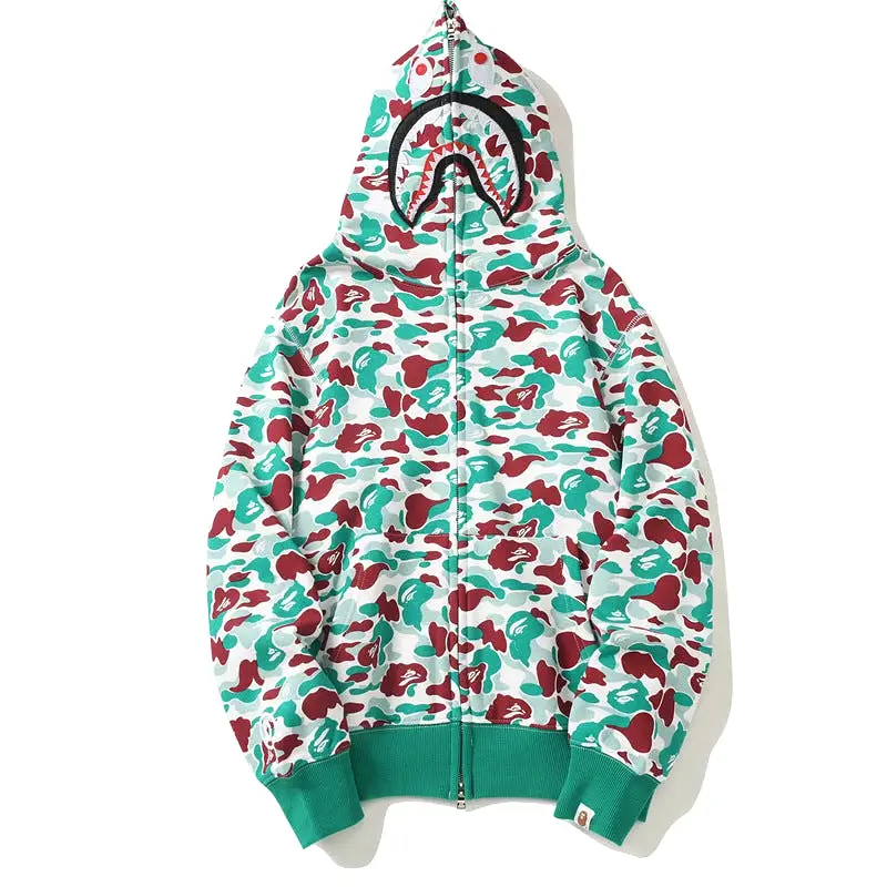 Wholesale New Style Ape Shark Camo Hoodie Streetwear Hip Hop Teenagers Hoodies Sweatshirt Full Zipper Unisex Jacket