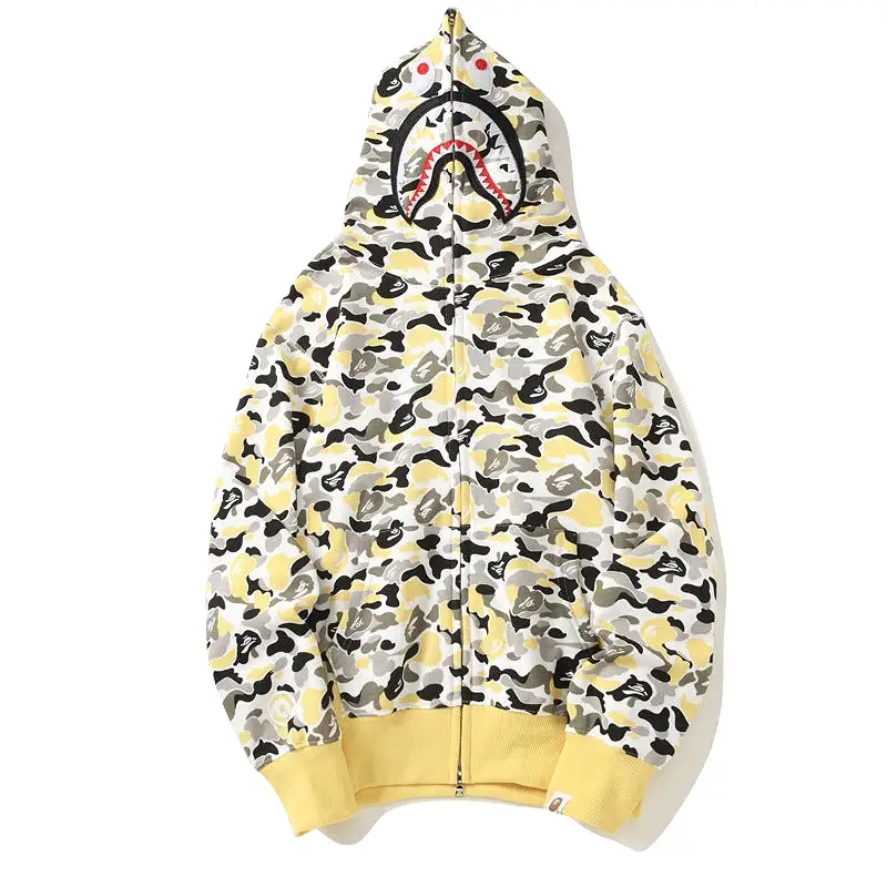 Wholesale New Style Ape Shark Camo Hoodie Streetwear Hip Hop Teenagers Hoodies Sweatshirt Full Zipper Unisex Jacket