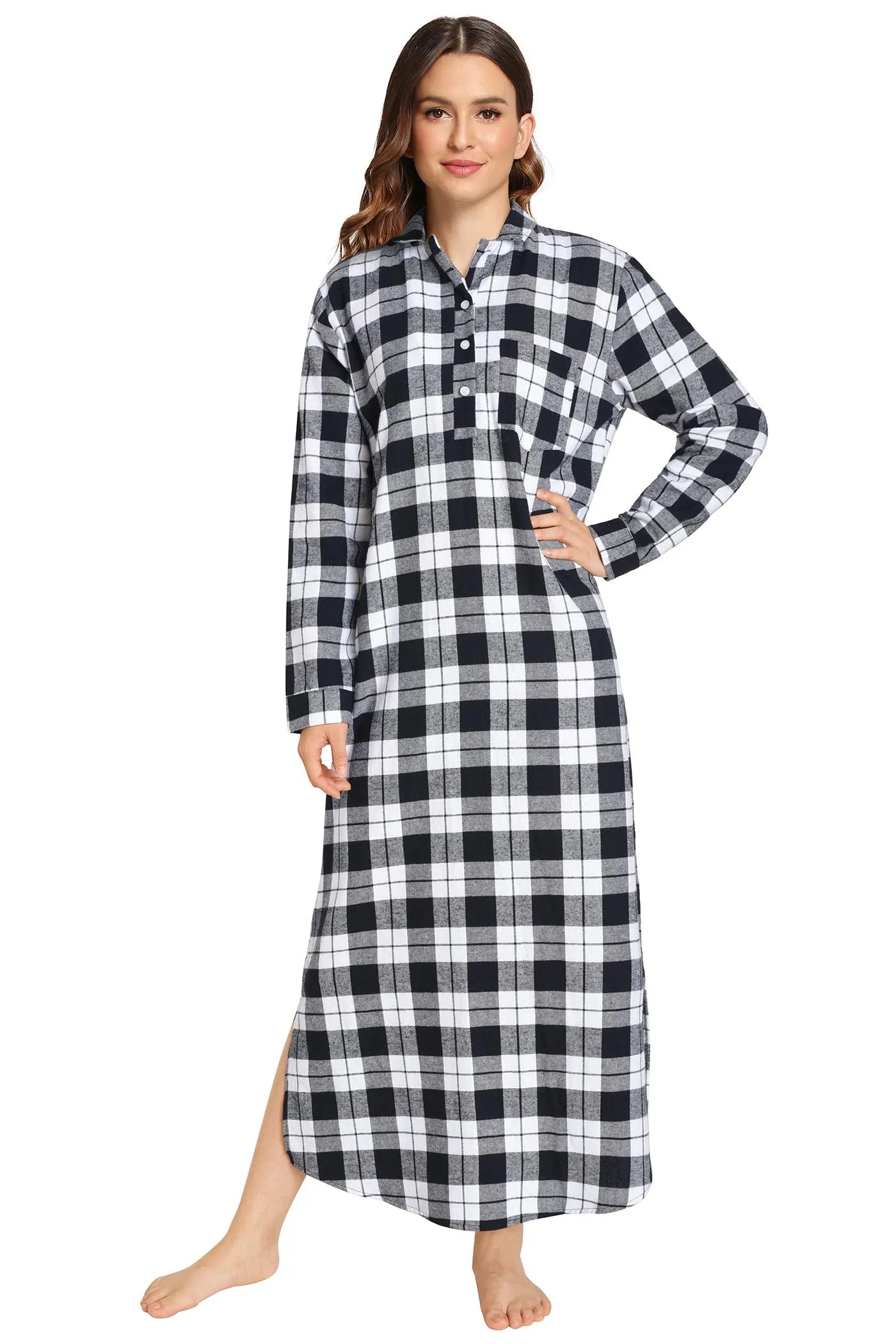 Women's Plaid Flannel Nightgowns Full Length Sleep Shirts