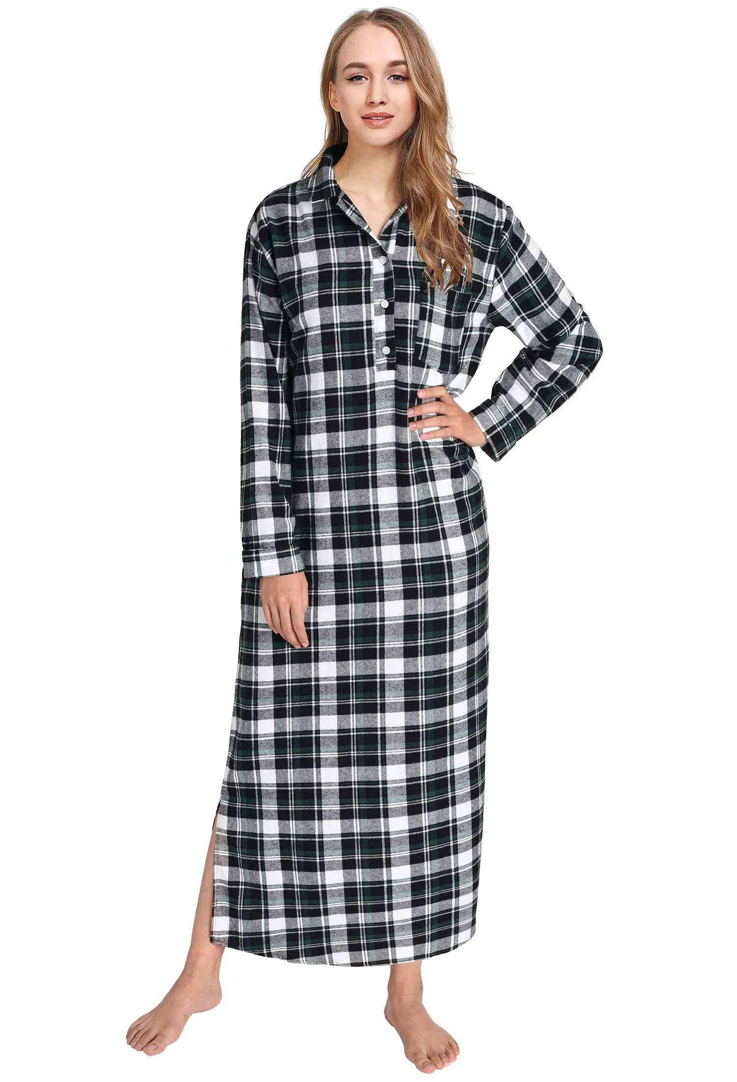 Women's Plaid Flannel Nightgowns Full Length Sleep Shirts