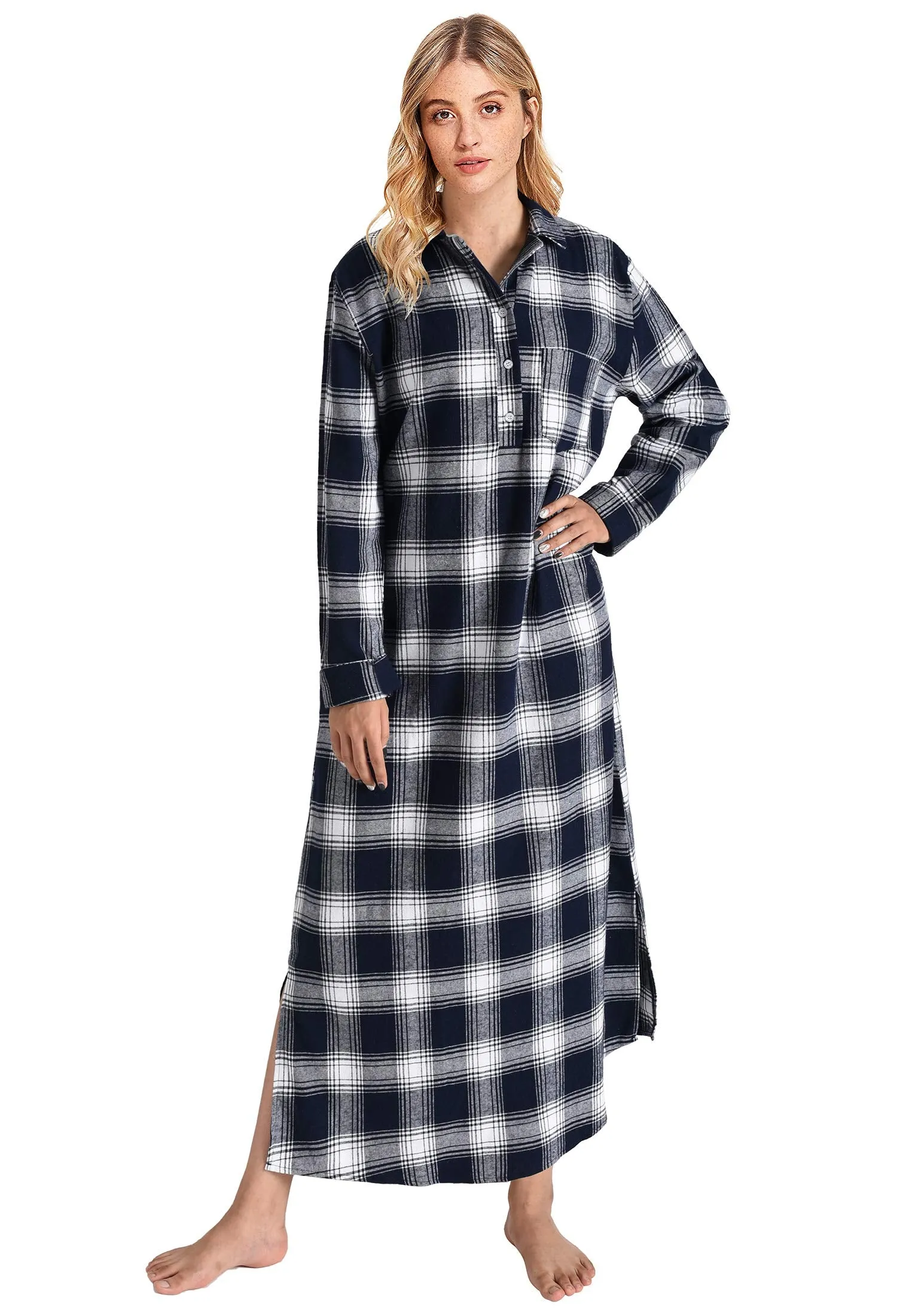 Women's Plaid Flannel Nightgowns Full Length Sleep Shirts