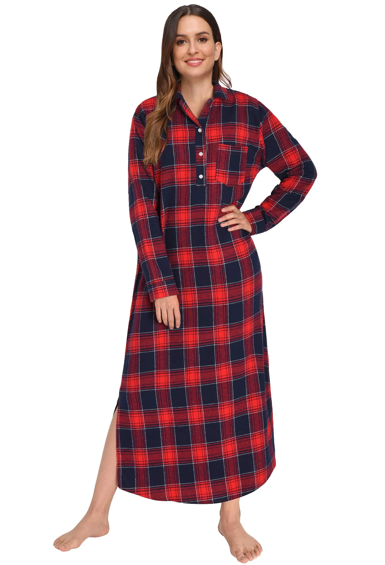 Women's Plaid Flannel Nightgowns Full Length Sleep Shirts