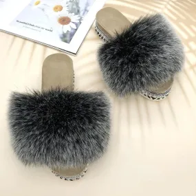 Women's Summer Black Frost Synthetic Fur Rivet Platform House Slippers