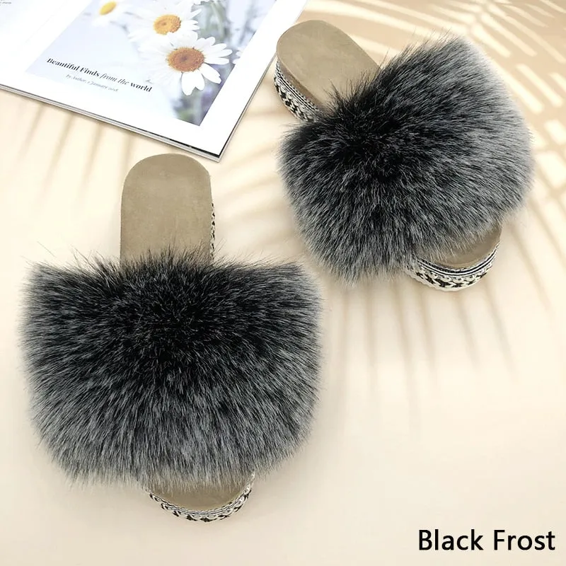 Women's Summer Black Frost Synthetic Fur Rivet Platform House Slippers