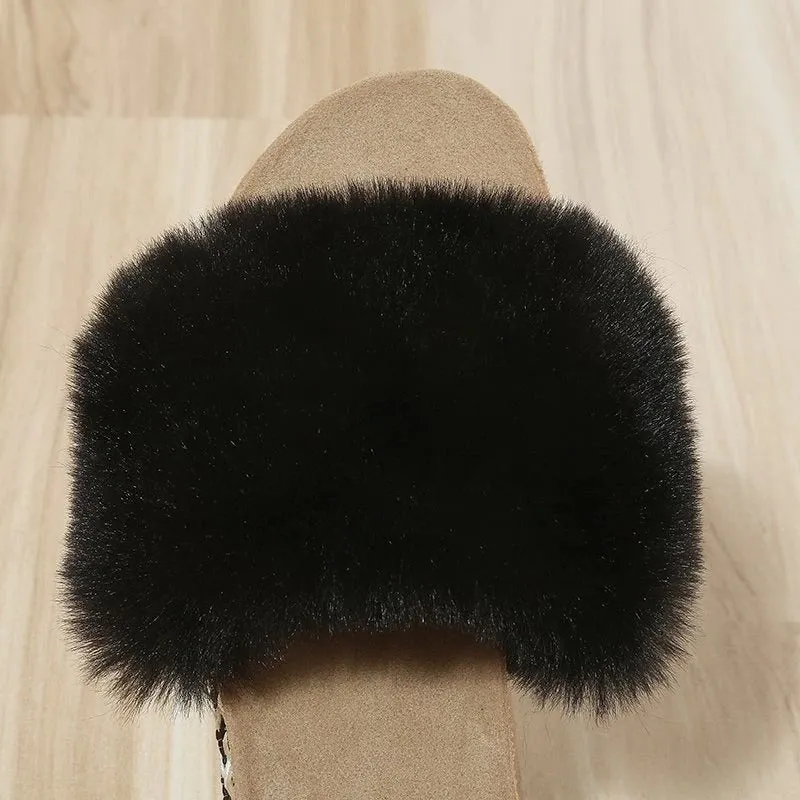 Women's Summer Black Frost Synthetic Fur Rivet Platform House Slippers