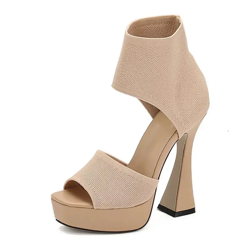 Women's Summer Stretch Ankle Wrap Open-Toe Platform Hi-Heel Party Pumps