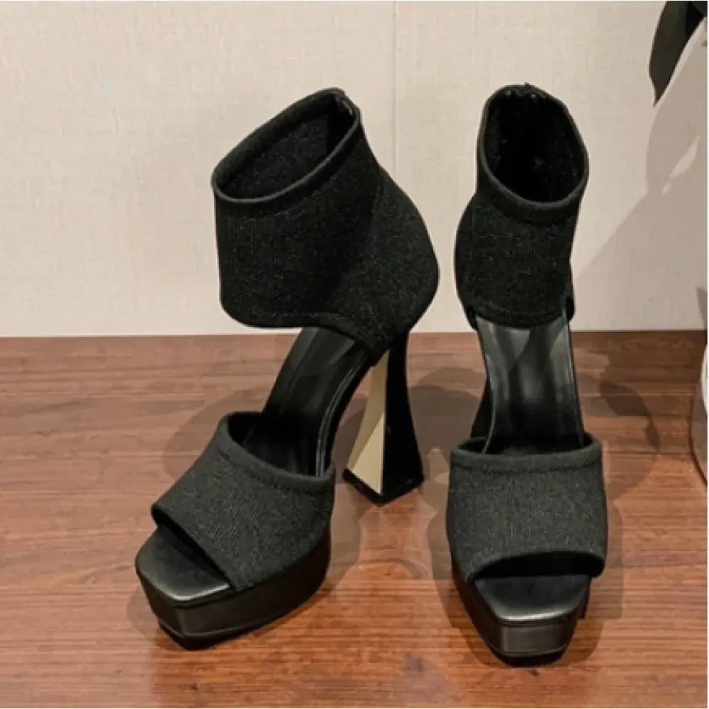 Women's Summer Stretch Ankle Wrap Open-Toe Platform Hi-Heel Party Pumps