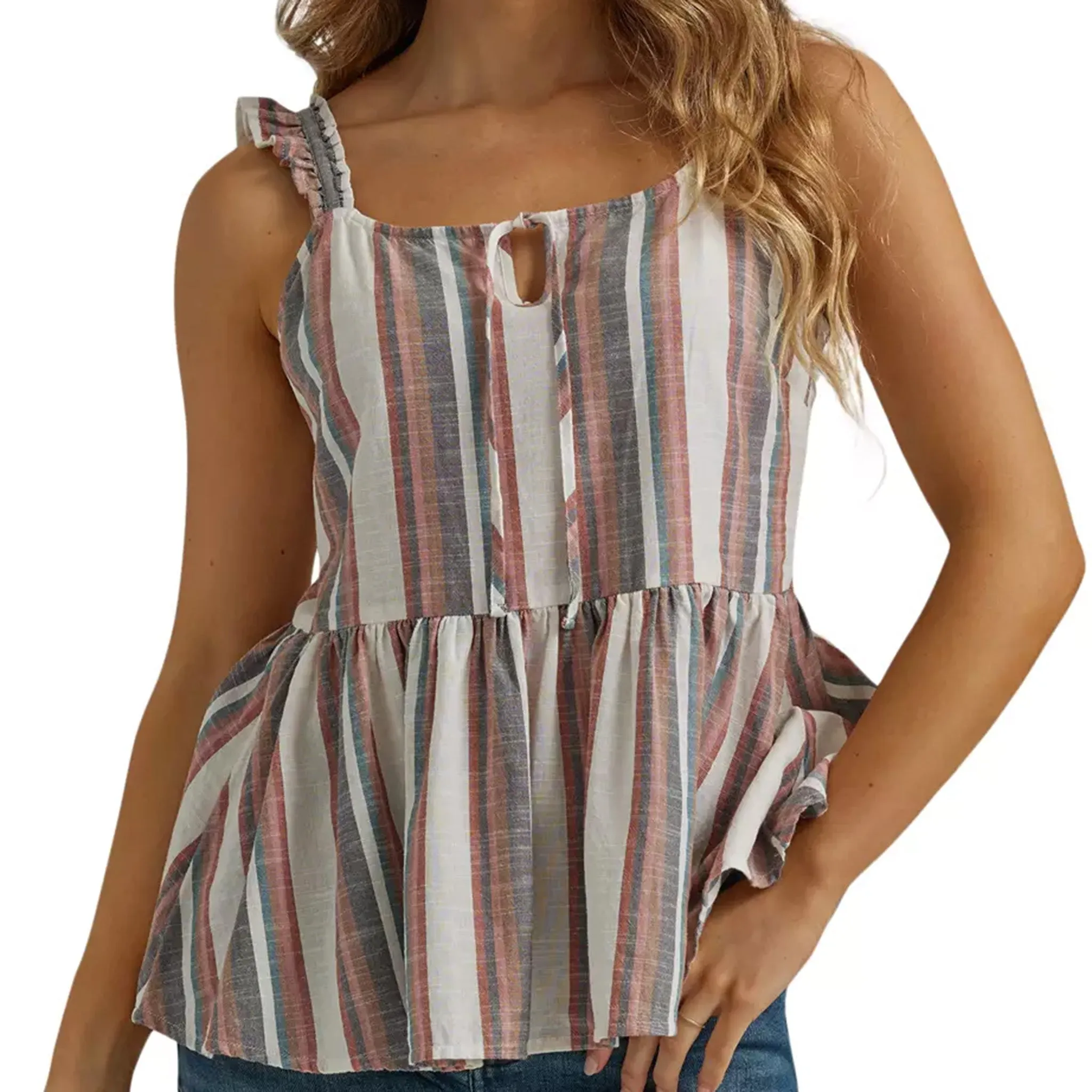 Wrangler Women's Multi Stripe Ruffle Tank