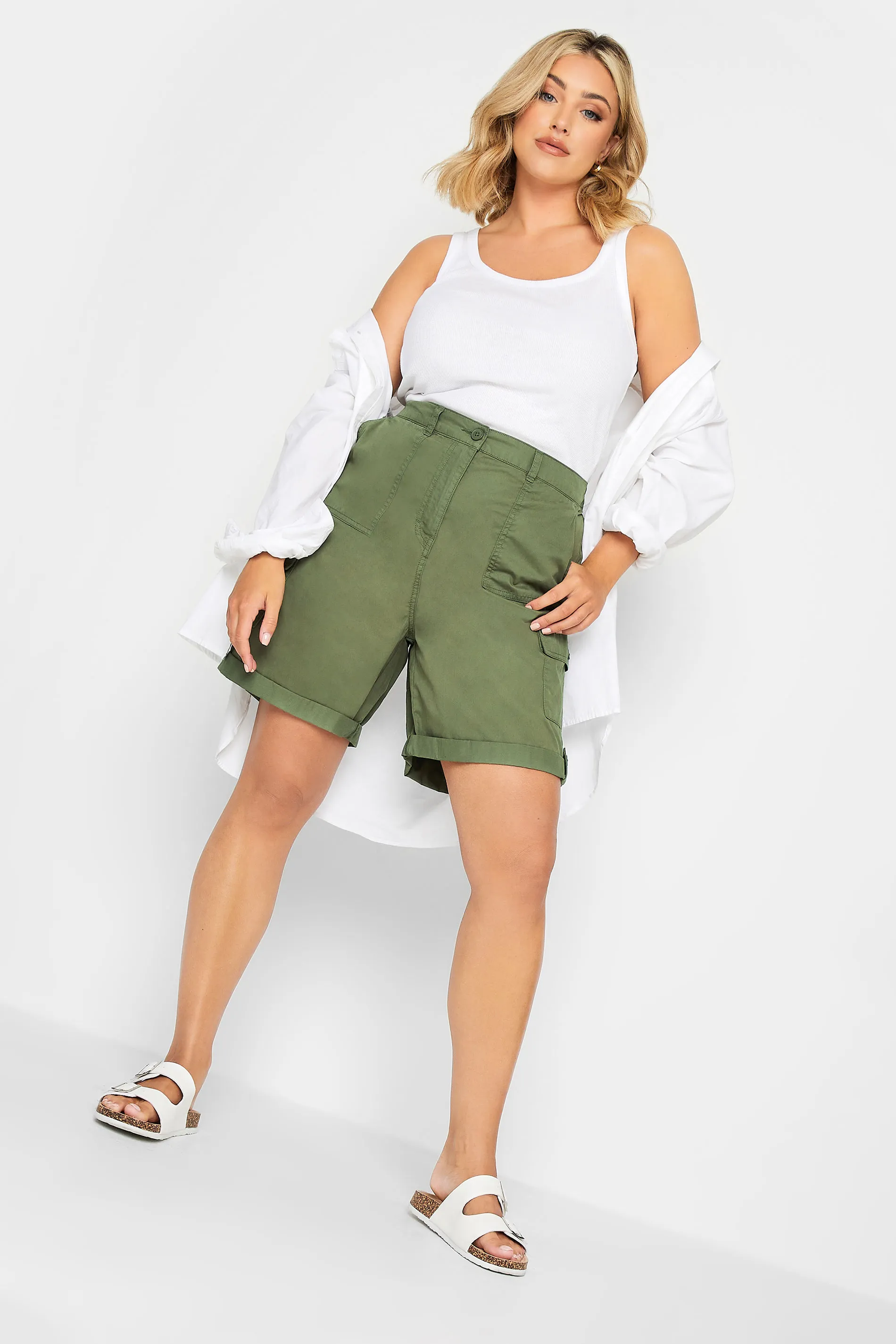 YOURS Curve Khaki Green Cargo Chino Shorts